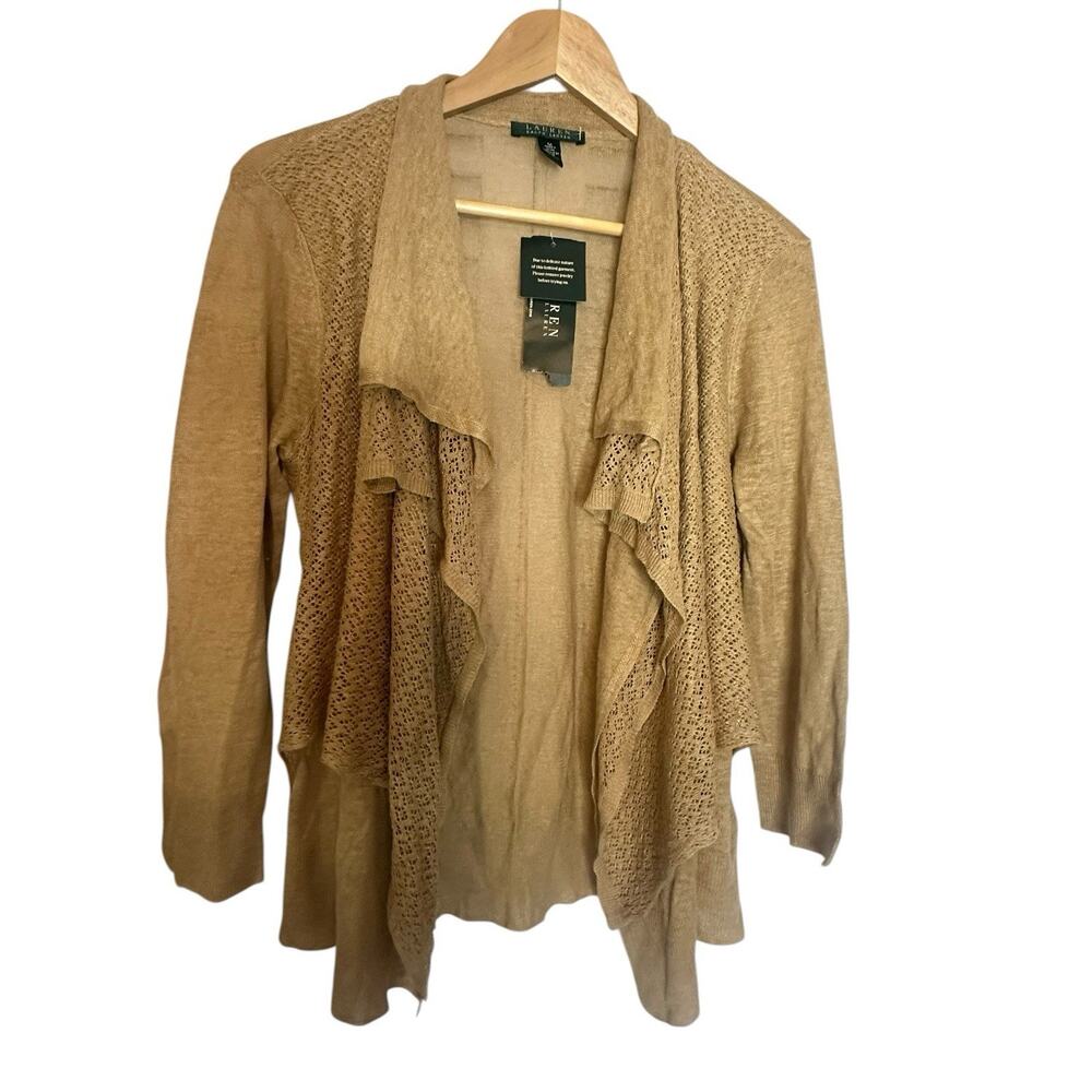 NWT Lauren Ralph Lauren 100% Linen Cardigan Open Front Ruffle Drape Tan Boho M